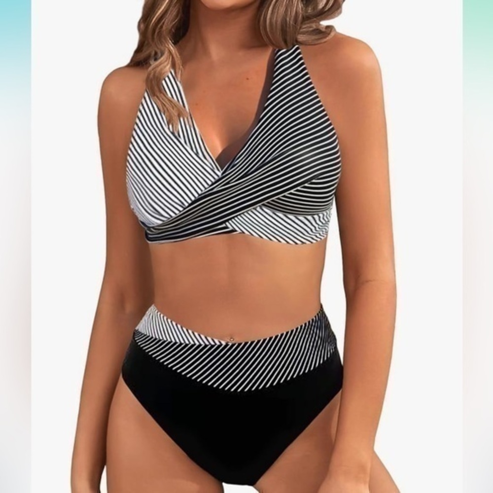 Women's Striped Print V Neck Tummy Control High Waisted Swimsuit Wrap Small S 6